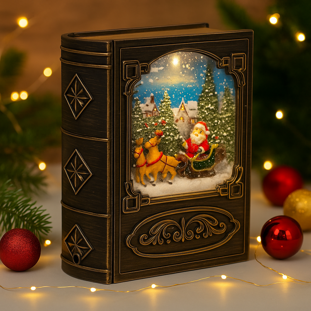 Angled view of Santa storybook light with sleigh and reindeer, Christmas decoration