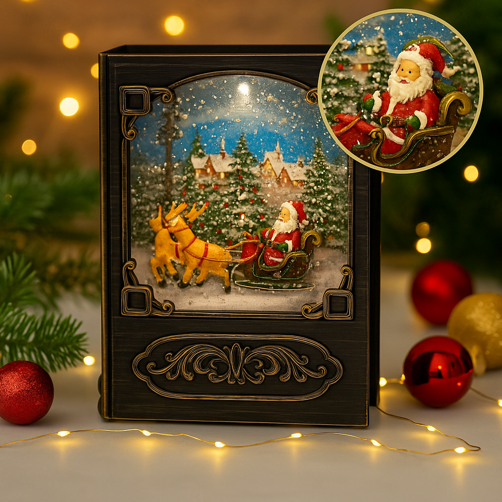 Santa storybook light with close-up of Santa in sleigh, festive holiday décor