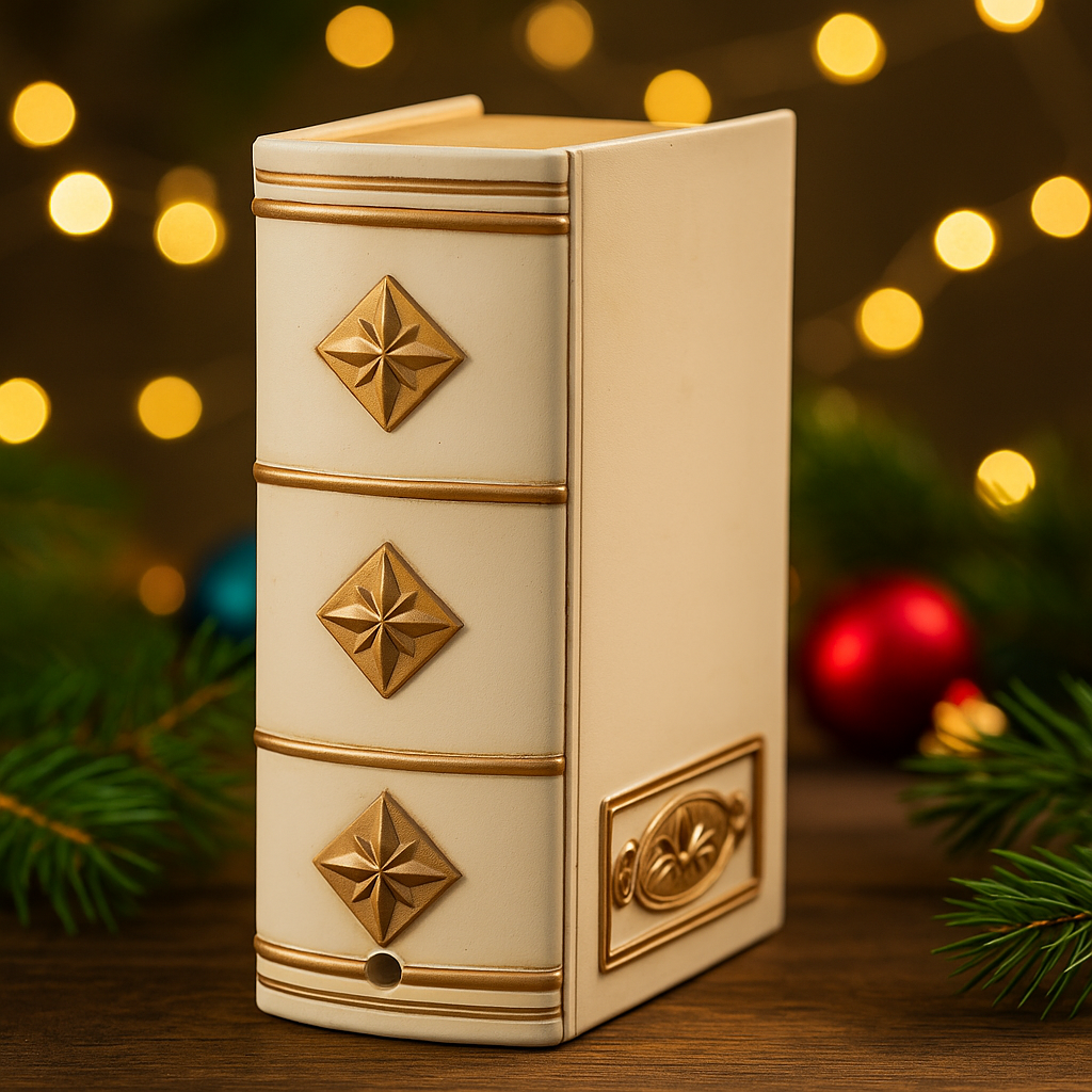 Book-style spine of the Snowman Family Christmas Storybook Light with gold accents, styled on a festive holiday background with pine and baubles.