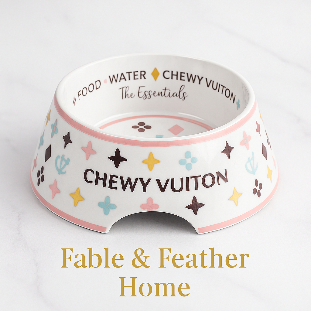 Chewy Vuiton luxury dog bowl with non-skid base in small, medium, and large sizes