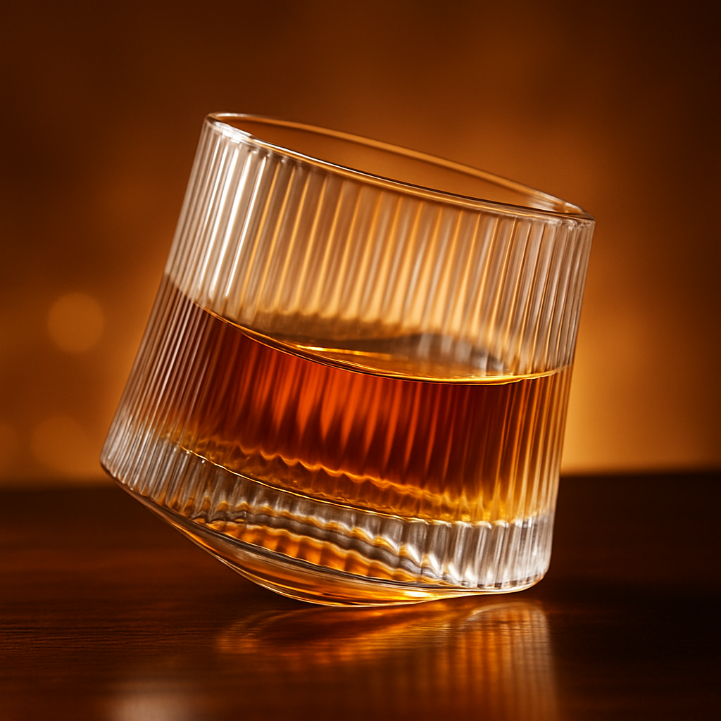 Whiskey glass tilted on coaster showing rotation design