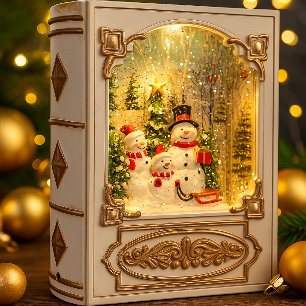 Side angle of Snowman Family Christmas Storybook Light showing detailed resin design, surrounded by ornaments and warm holiday lights.