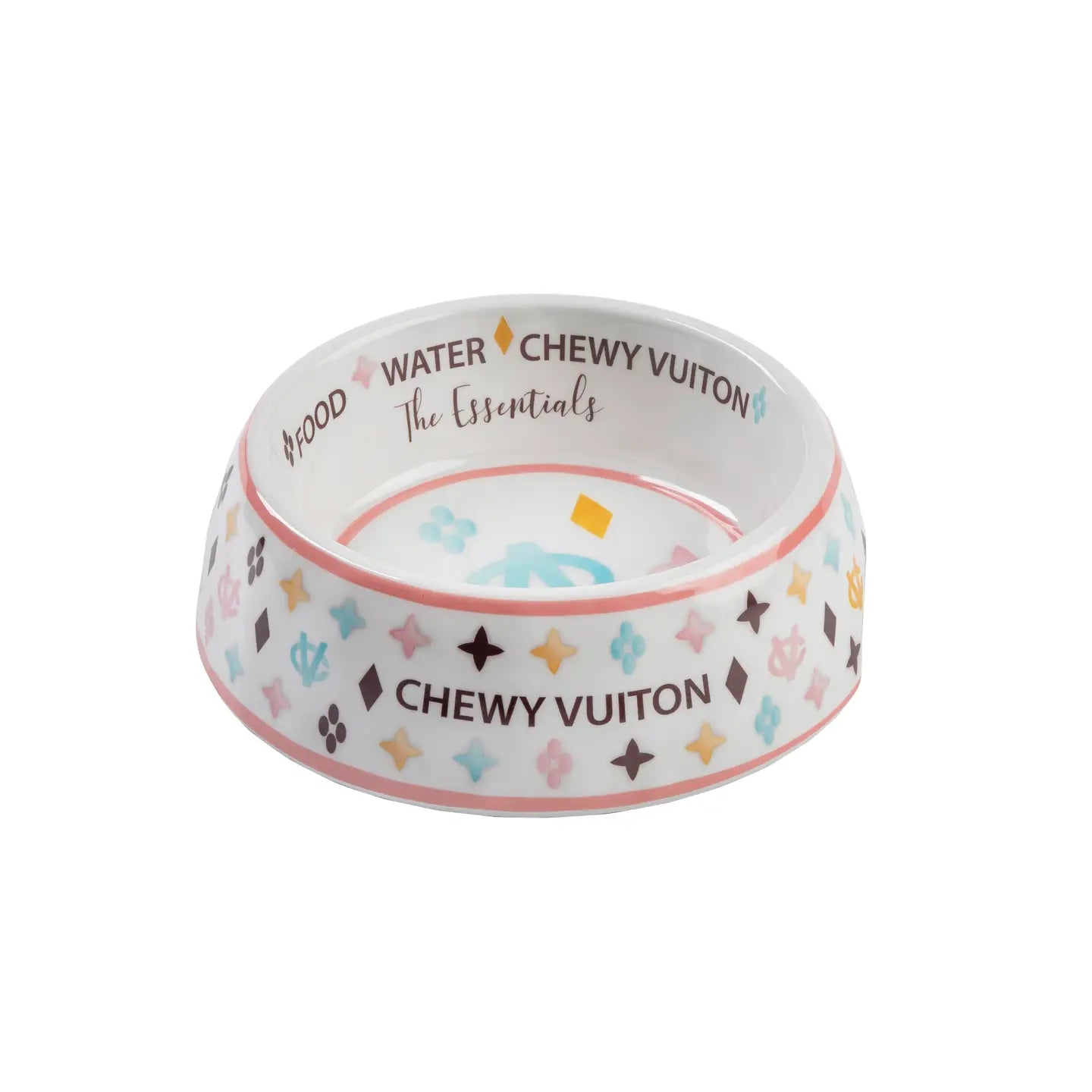 Chewy Vuiton luxury dog bowl with non-skid base in small, medium, and large sizes