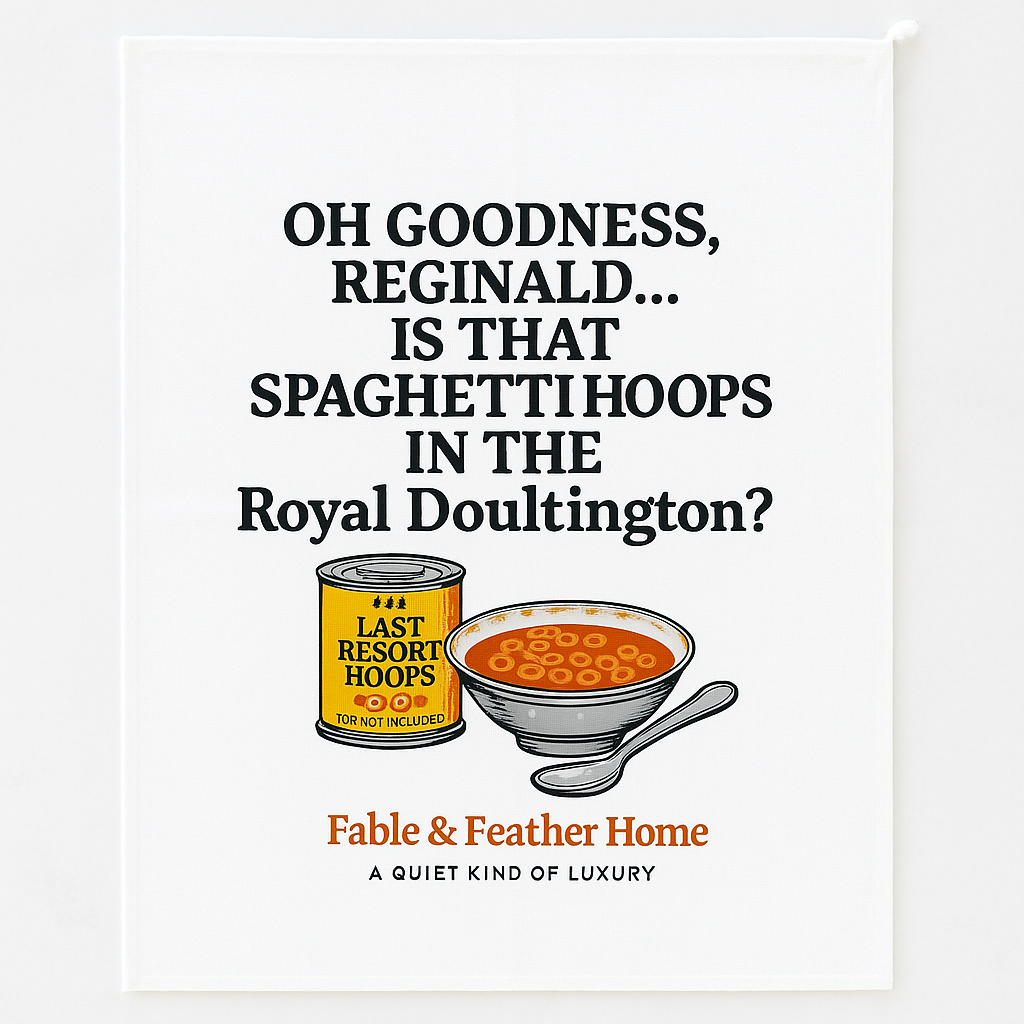 Spaghetti Hoops in Royal Doultlington – Funny Tea Towel layed out on a marble counter
