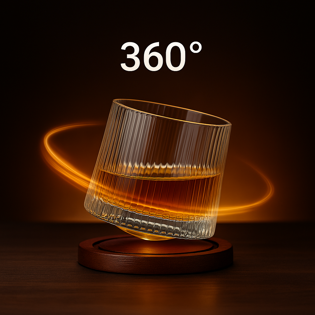 Spinning whiskey glass with 360-degree motion effect