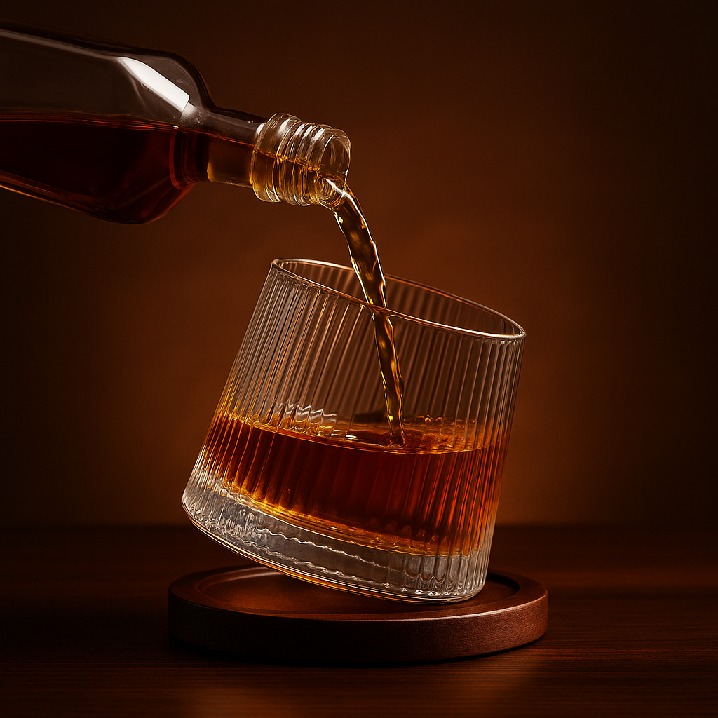 Whiskey being poured into spinning tumbler on coaster