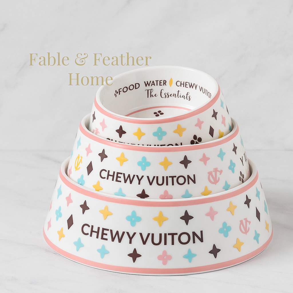 Chewy Vuiton luxury dog bowl with non-skid base in small, medium, and large sizes