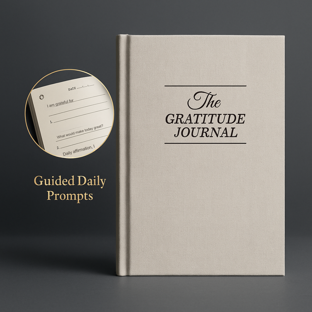 Gratitude journal with a circular inset showing daily prompts on a dark background