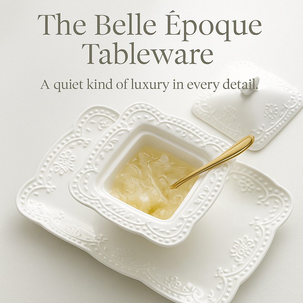 Elegant Belle Époque ceramic dessert bowl set with plate and spoon, pink-white embossed design for luxury dining