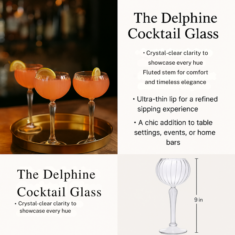 Delphine elegant cocktail glass collection featuring coupe and martini glasses perfect for luxury bar cart glassware