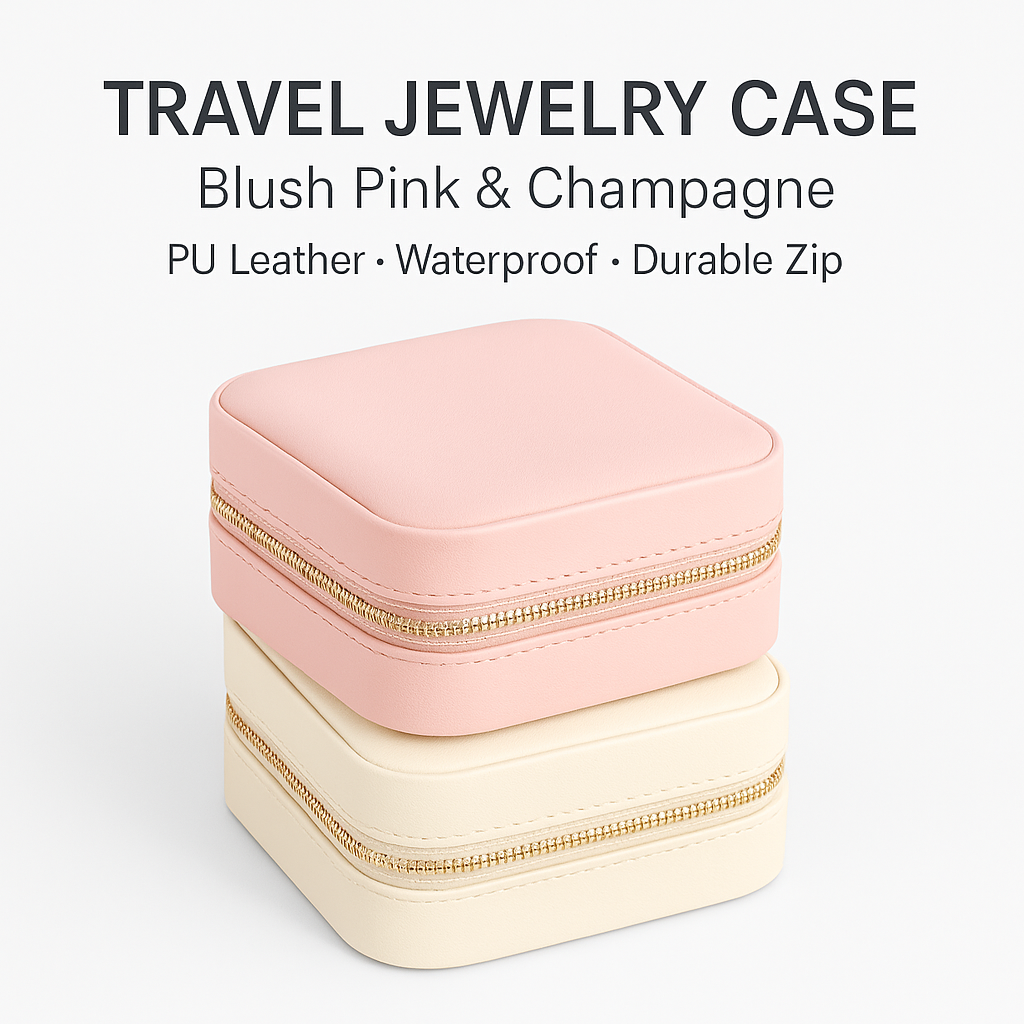 Stacked blush pink and champagne travel jewelry cases – compact PU leather organizers with zippers.