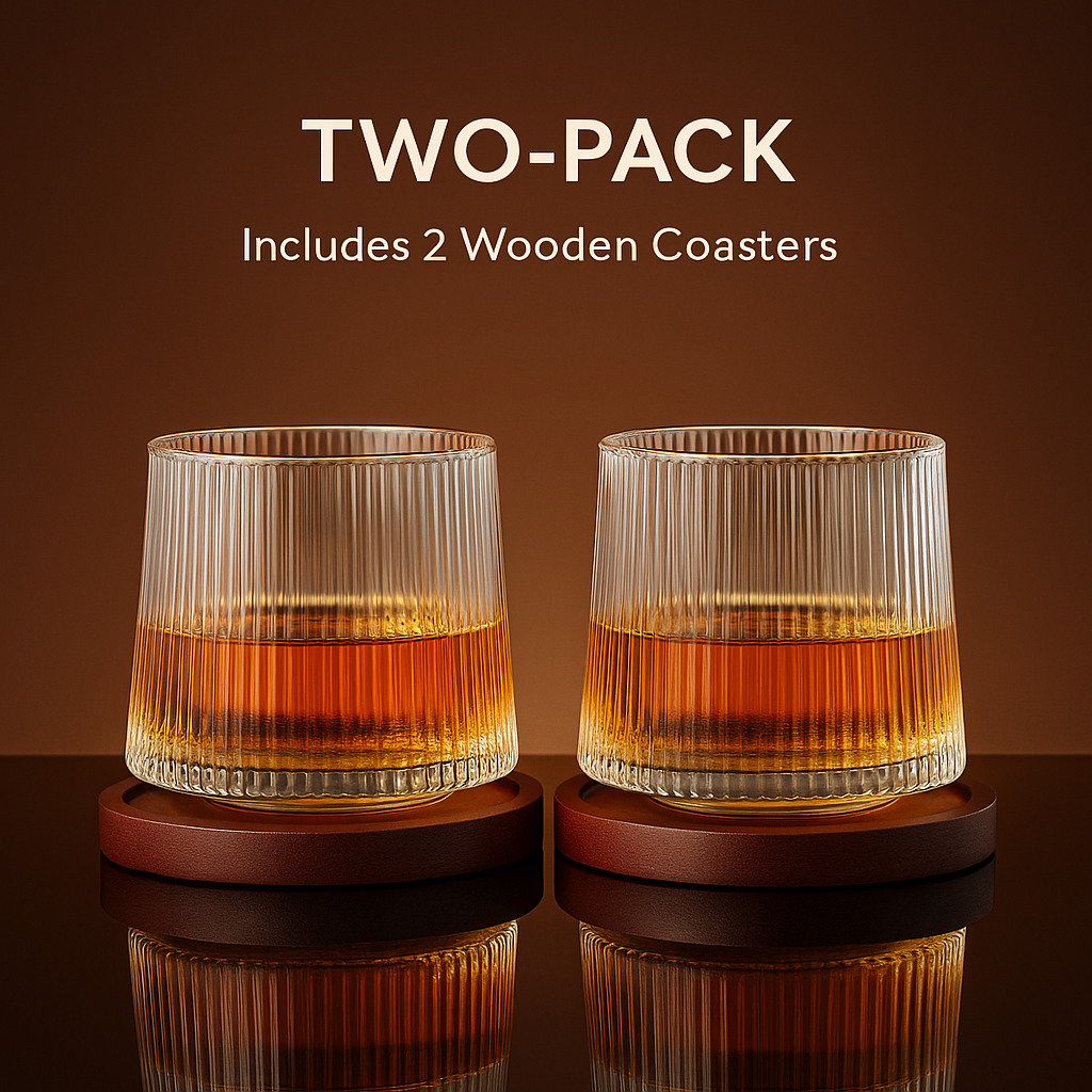 Set of two spinning whiskey glasses with coasters