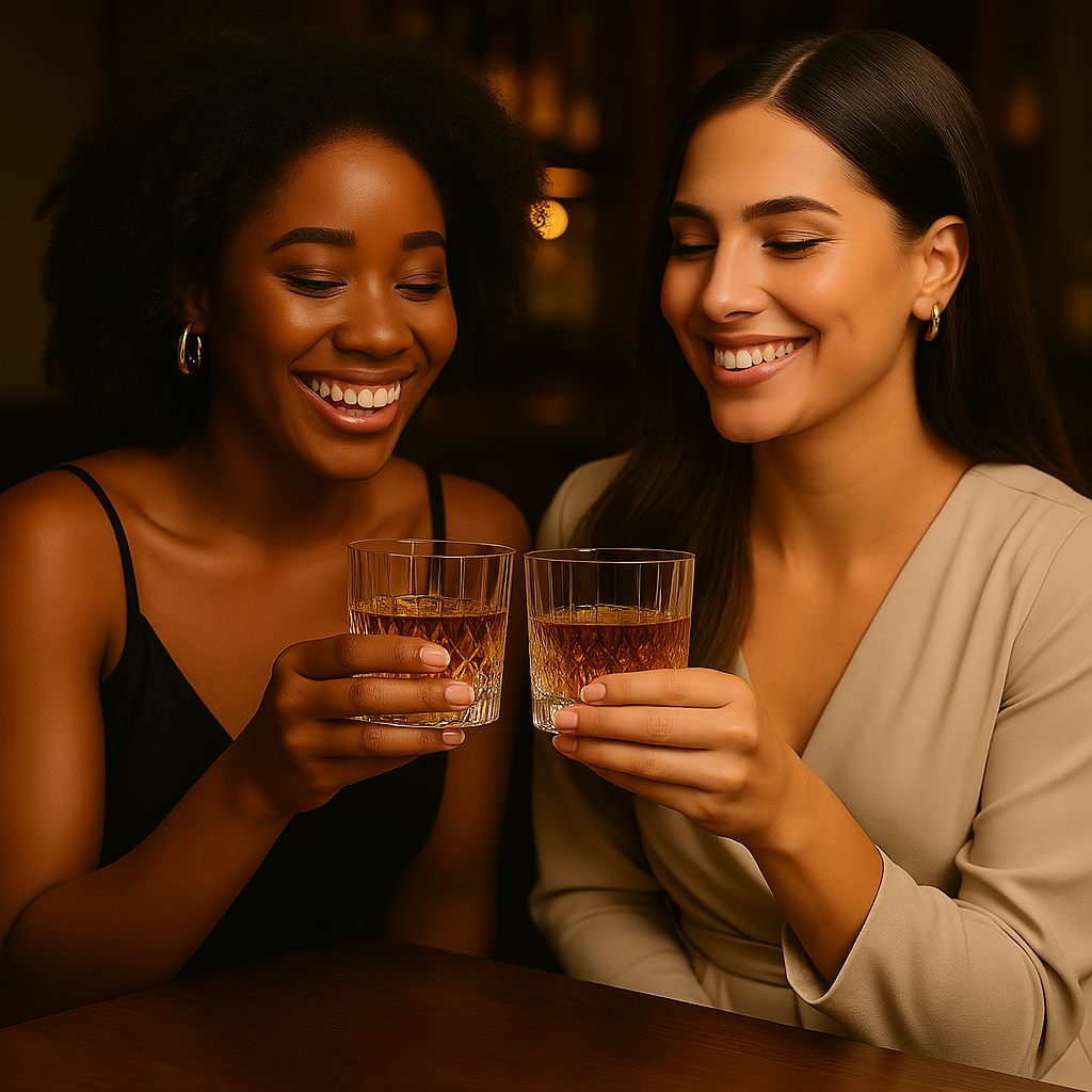 Two women toasting with diamond cut whiskey glasses