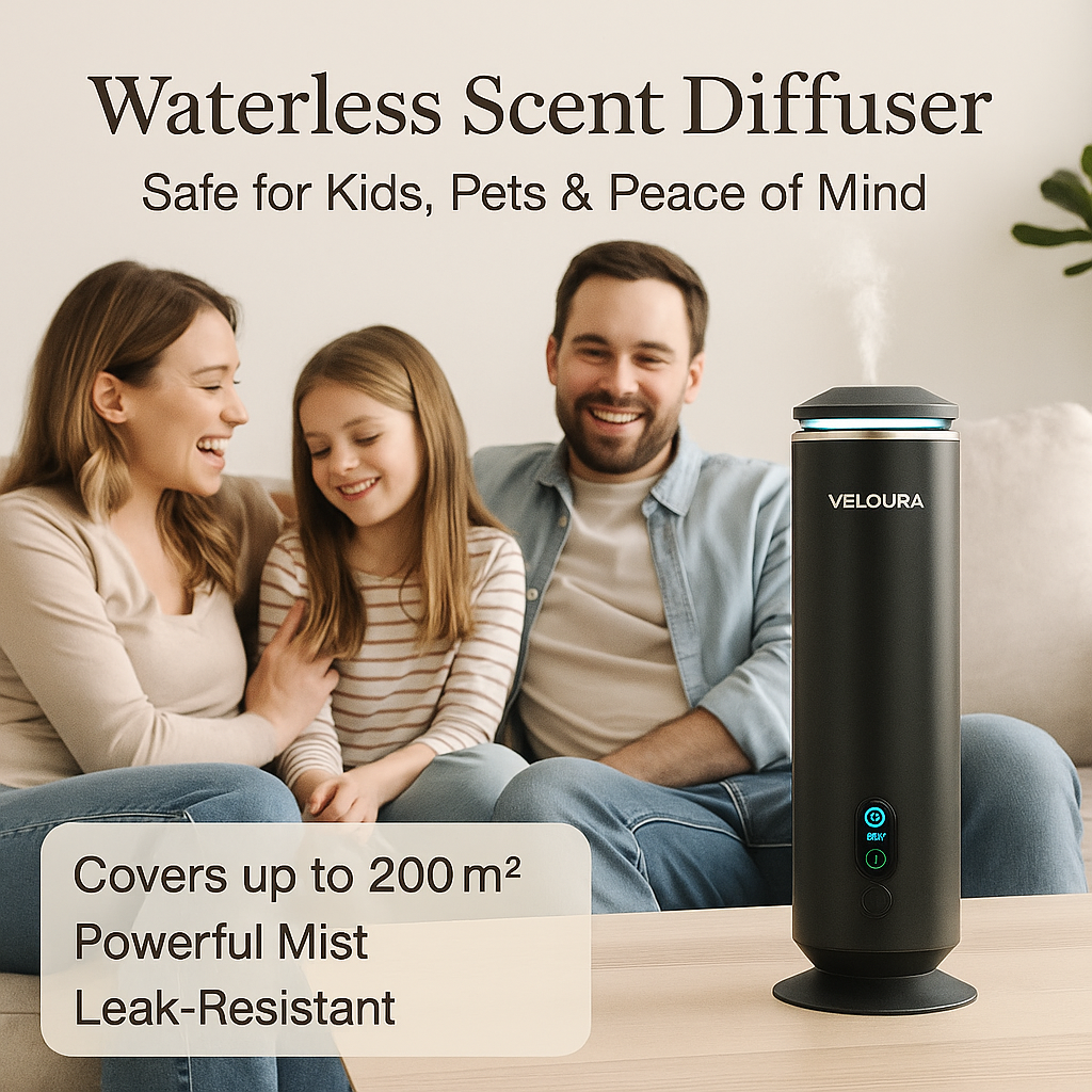 Veloura luxury LED scent diffuser black with remote control, modern waterless fragrance diffuser for elegant home ambiance