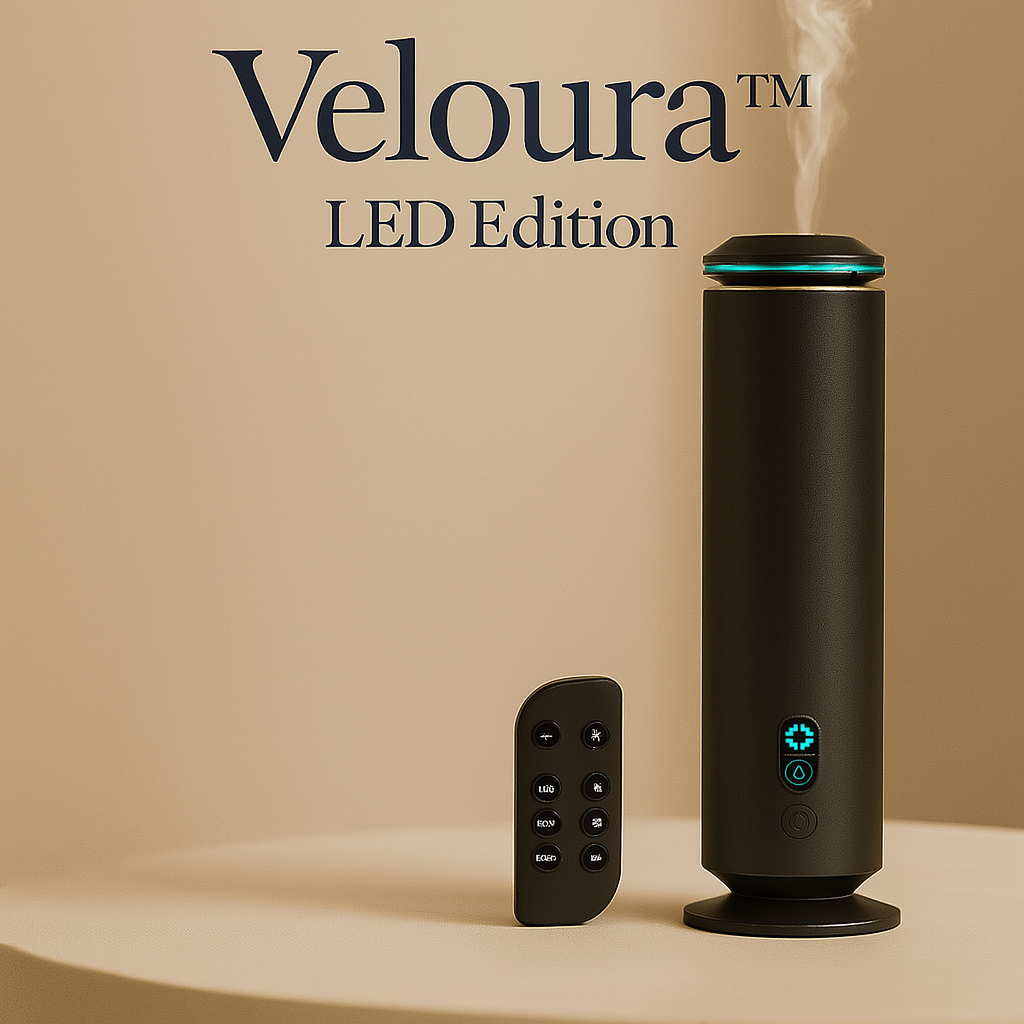 Veloura luxury LED scent diffuser black with remote control, modern waterless fragrance diffuser for elegant home ambiance
