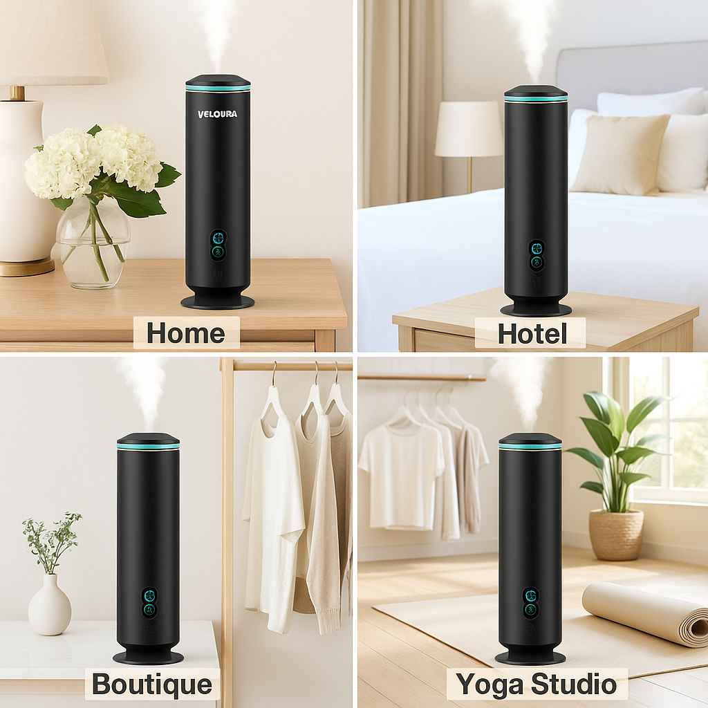 Veloura luxury LED scent diffuser black with remote control, modern waterless fragrance diffuser for elegant home ambiance
