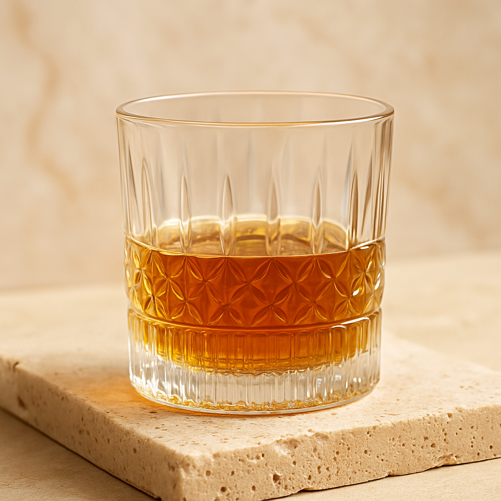 Diamond cut whiskey glass on stone surface