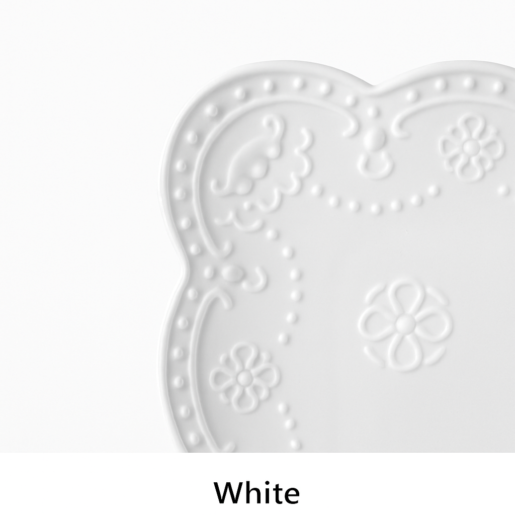 Elegant Belle Époque ceramic dessert bowl set with plate and spoon, pink-white embossed design for luxury dining