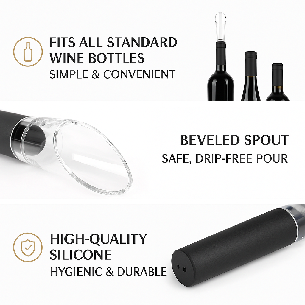 Cordless electric wine opener with universal fit for standard wine bottles.