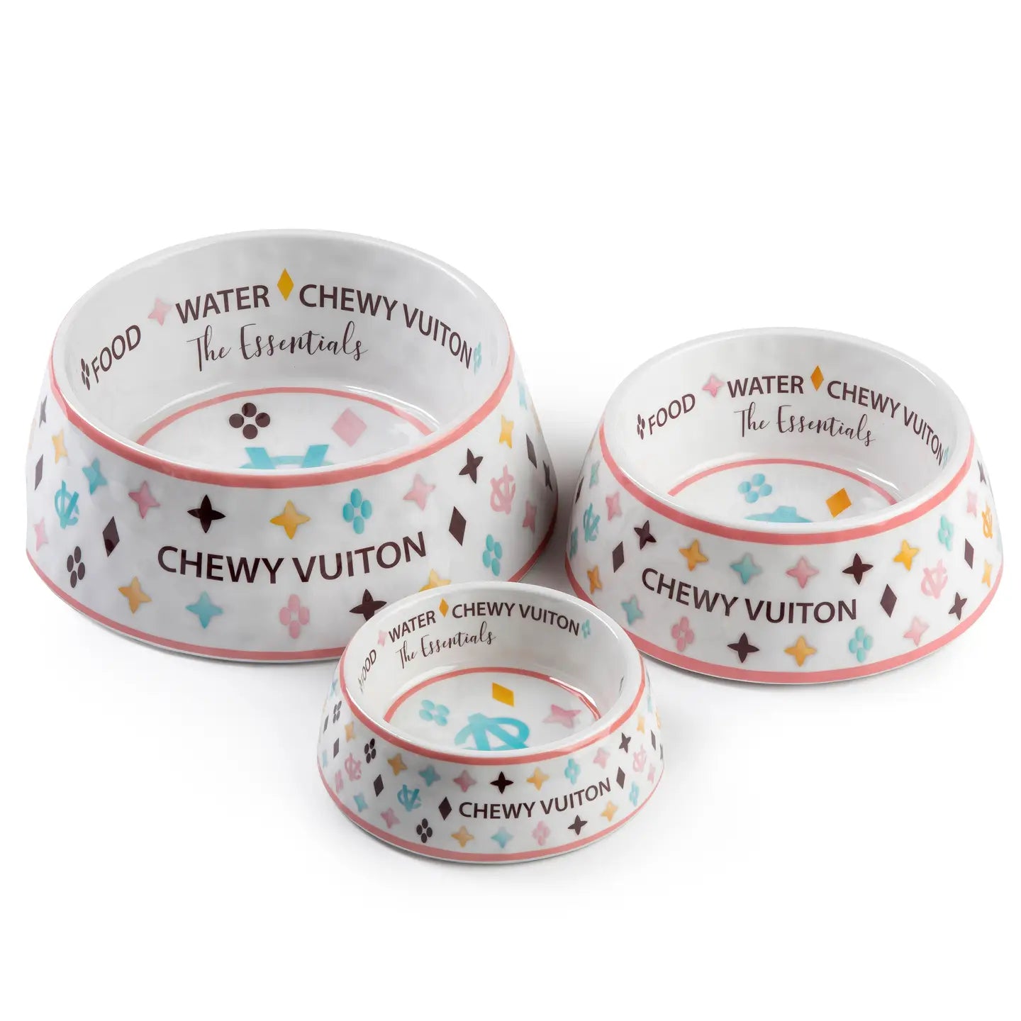 Chewy Vuiton luxury dog bowl with non-skid base in small, medium, and large sizes