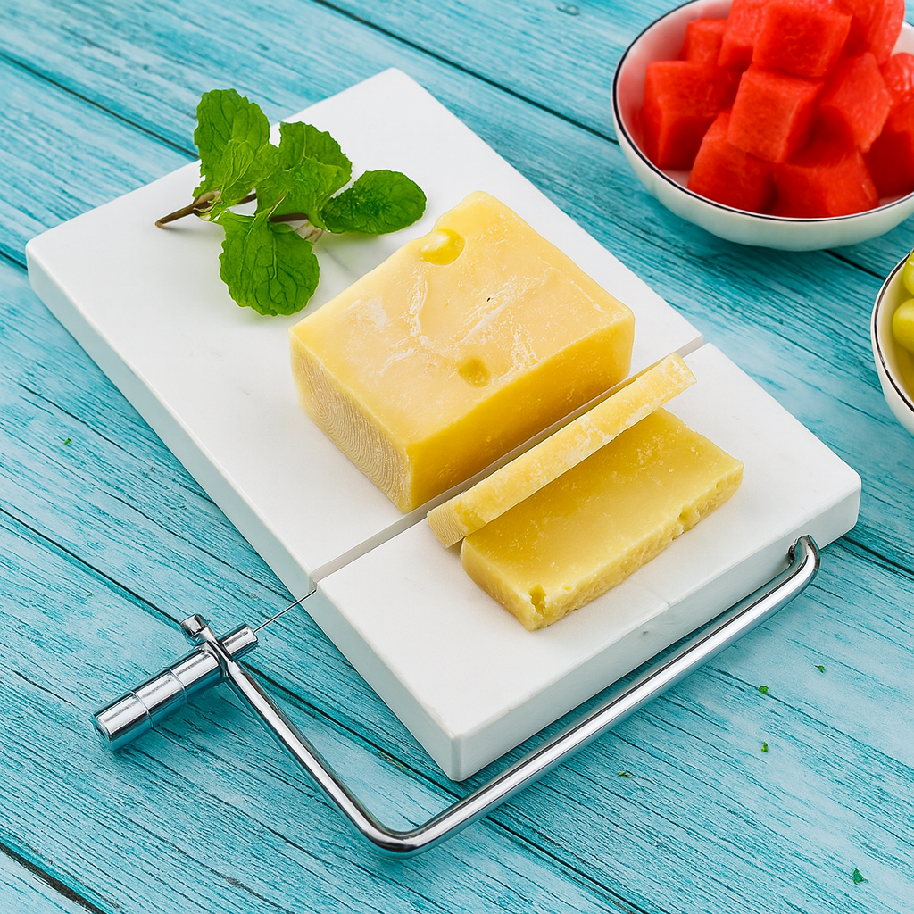Luxury marble cheese board with stainless steel cutter, perfect for charcuterie and elegant kitchenware gifts