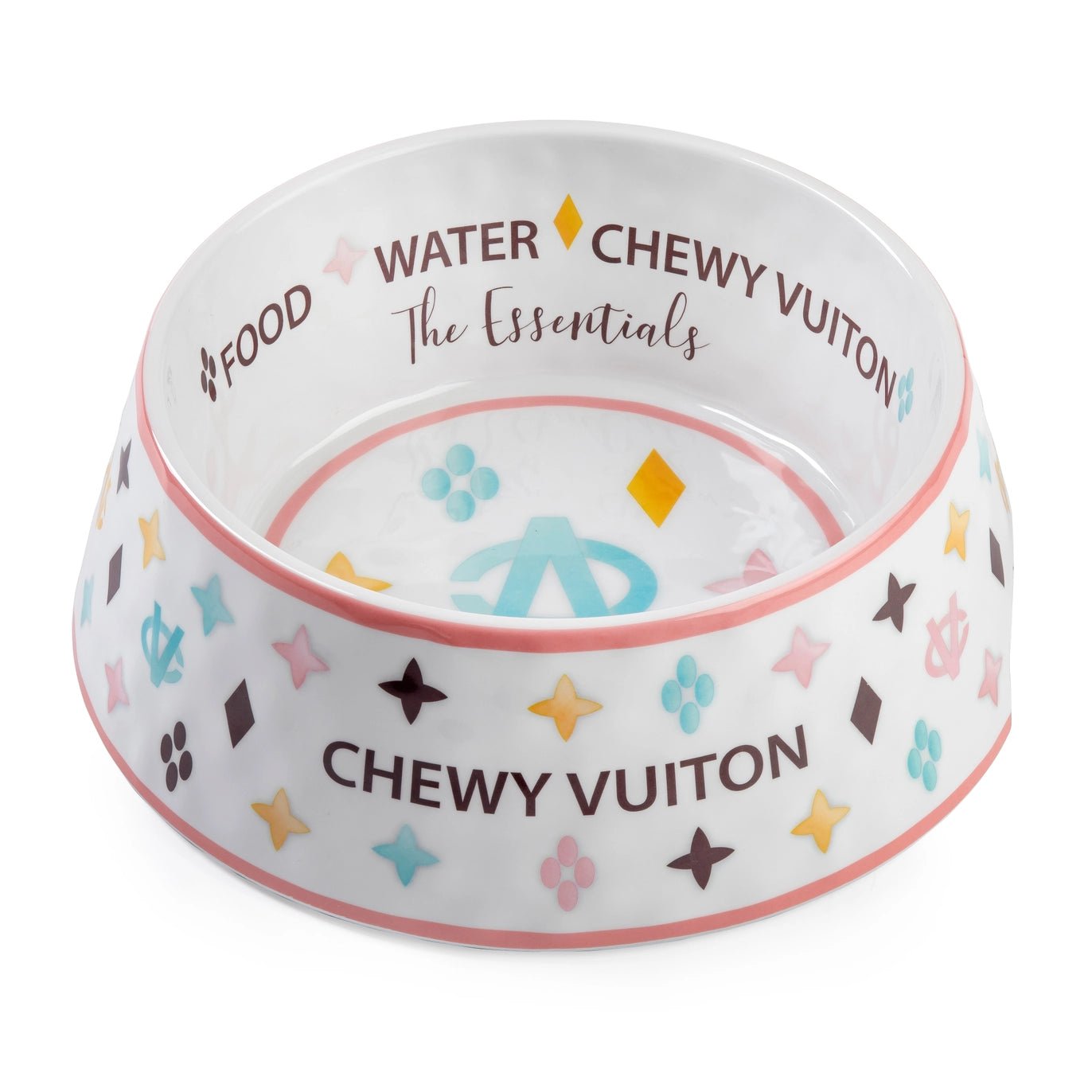 Chewy Vuiton luxury dog bowl with non-skid base in small, medium, and large sizes