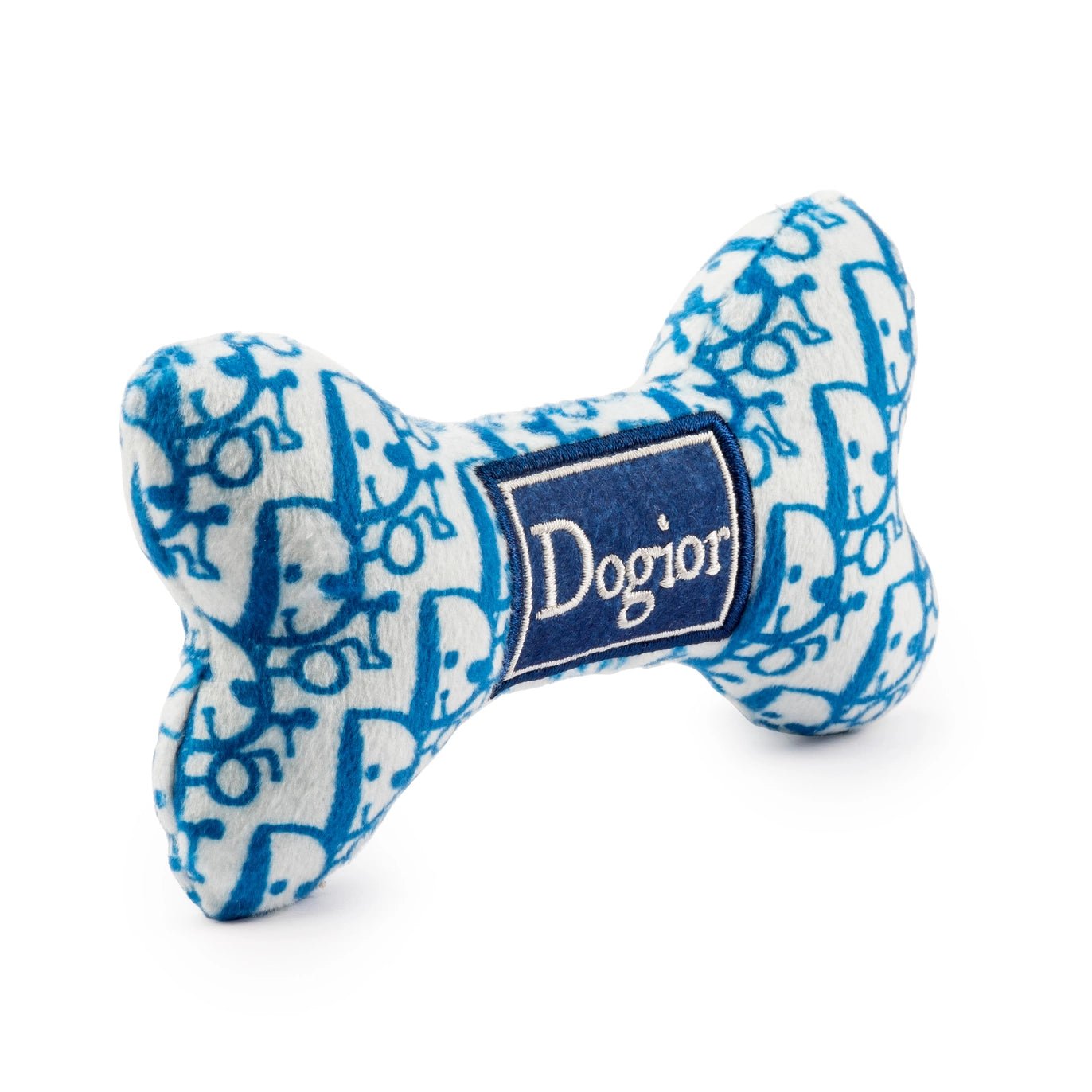 Blue Dogior Bone luxury squeaky dog toy, stylish designer-inspired pet accessory for fashionable dogs