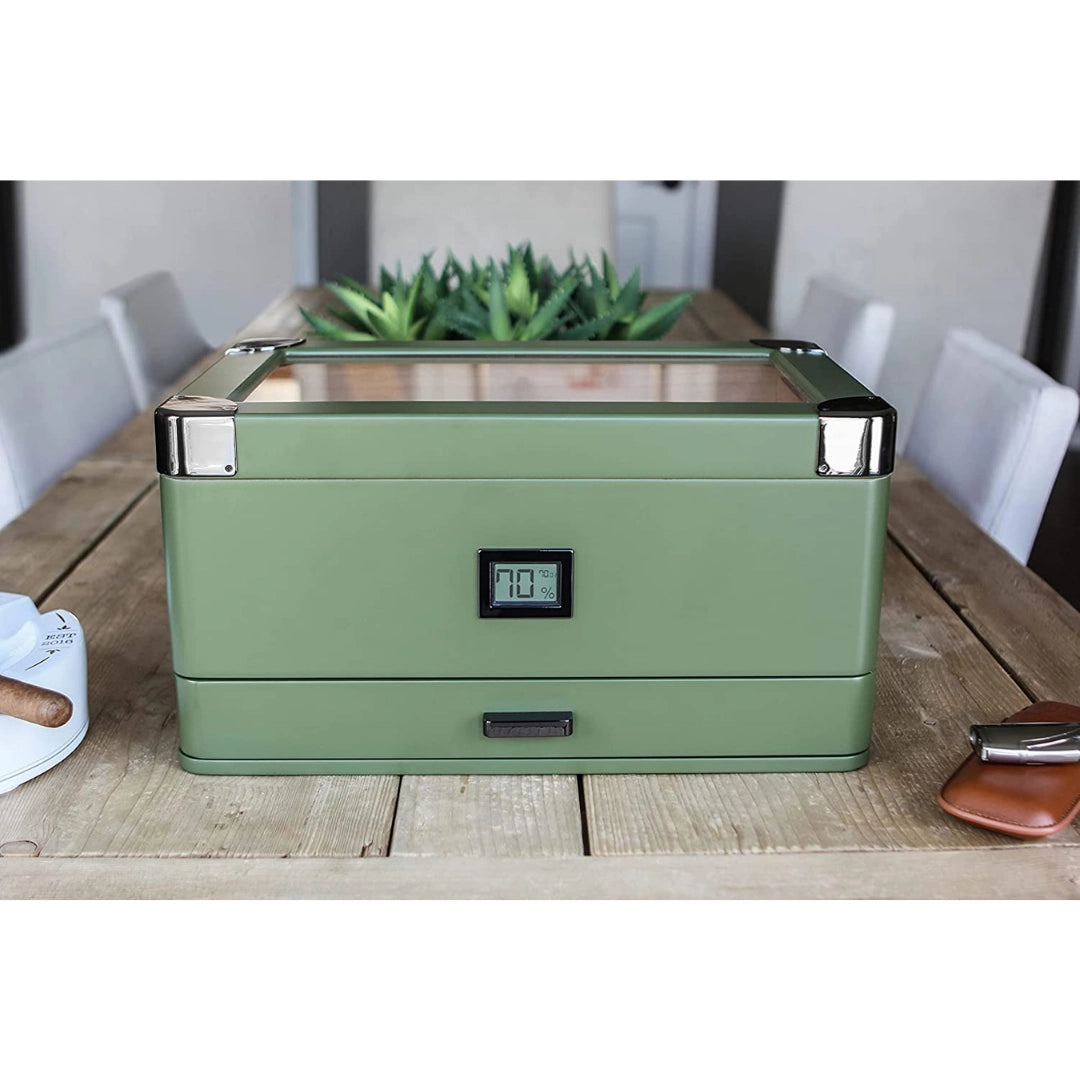 Military cigar humidor with 100 capacity, durable rugged tank style and glass-top cedar storage box for cigars
