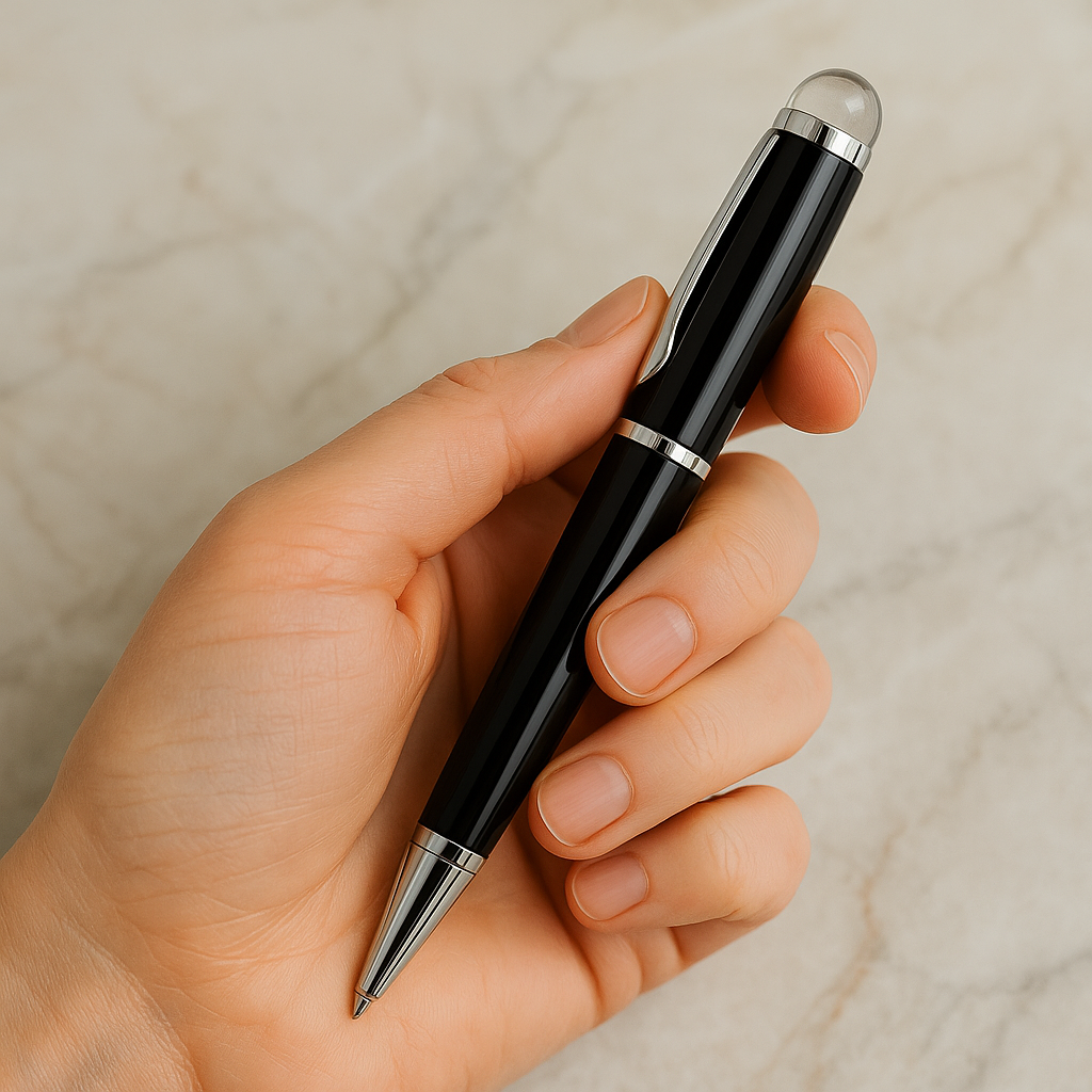 Luxury black ballpoint pen with crystal tip, executive writing instrument, premium designer gift pen