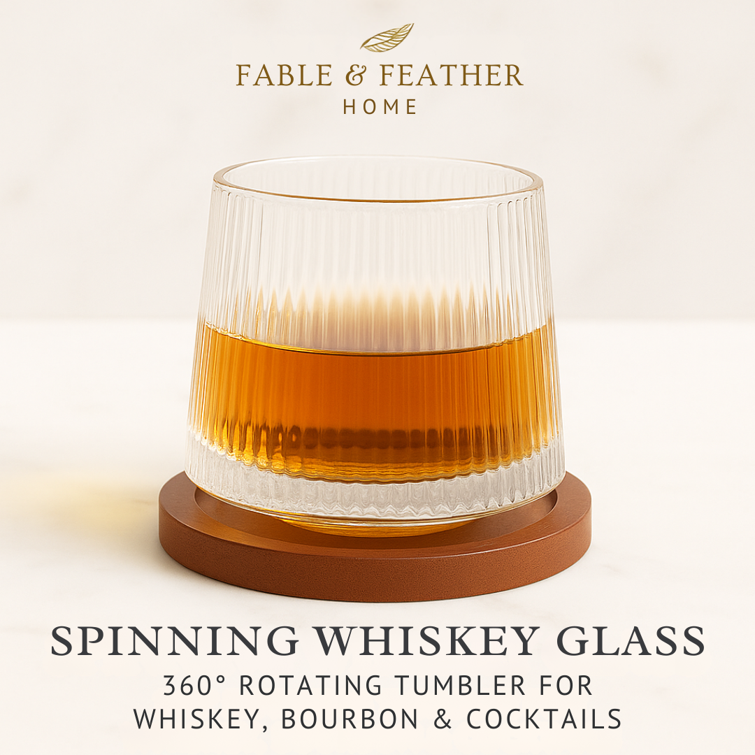 Luxury spinning whiskey glass on wooden coaster