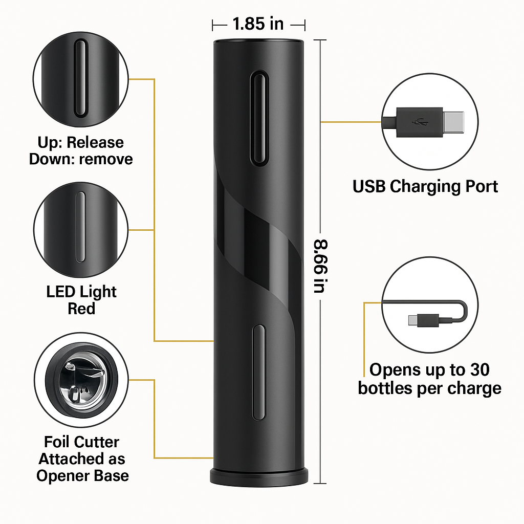 Rechargeable electric wine opener with USB-C charging port.