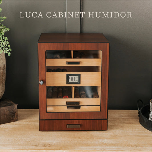 Luca Humidor Cabinet in brown walnut with three drawers, felt-lined accessory tray, and Hydro Tray humidity system