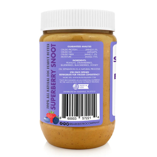 Ingredients and nutrition for Superberry Snoot Buddy Budder – xylitol-free natural peanut butter for dogs