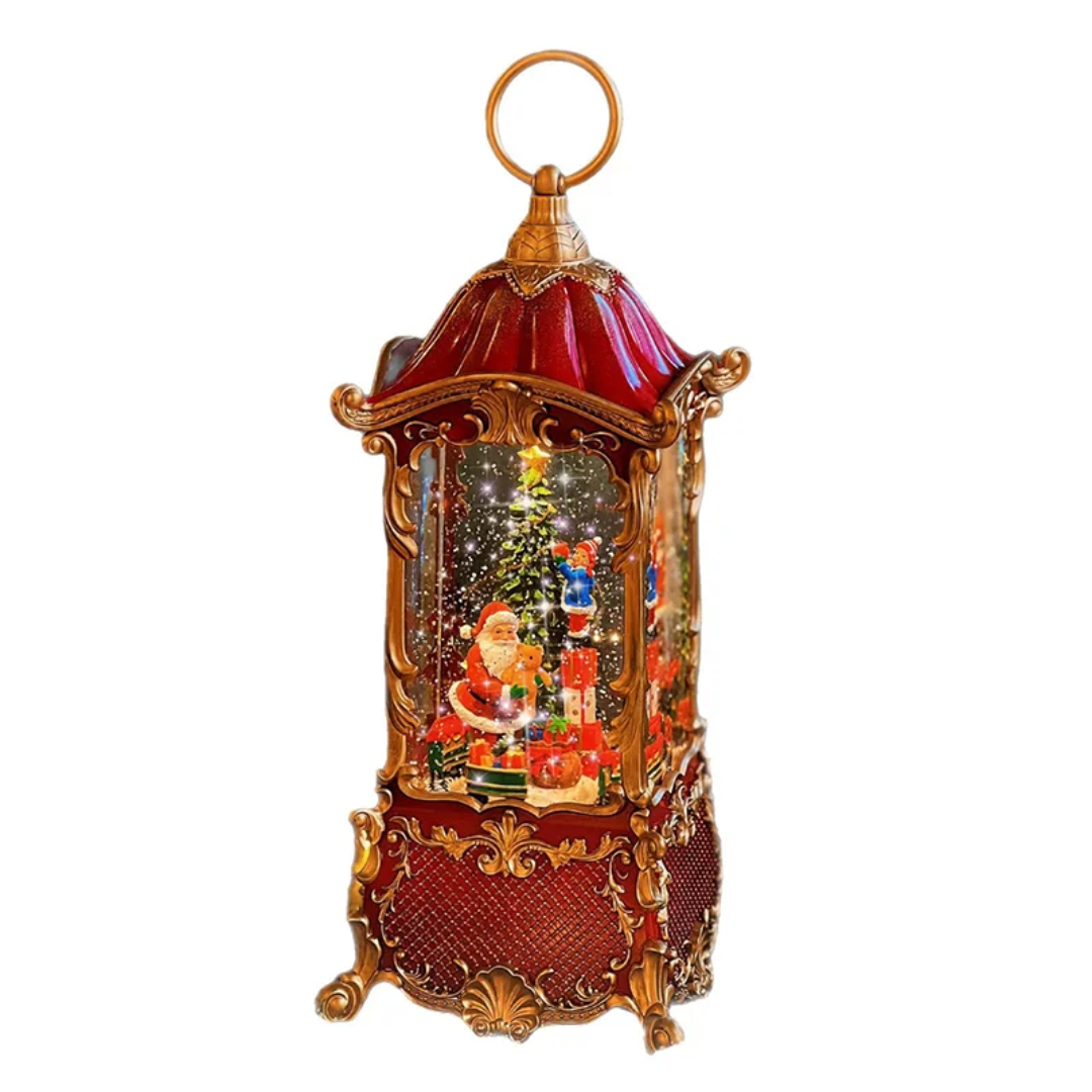 Christmas Santa lantern with teddy bear and tree on white background.