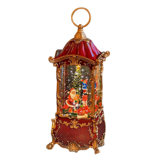 Christmas Santa lantern with teddy bear and tree on white background.