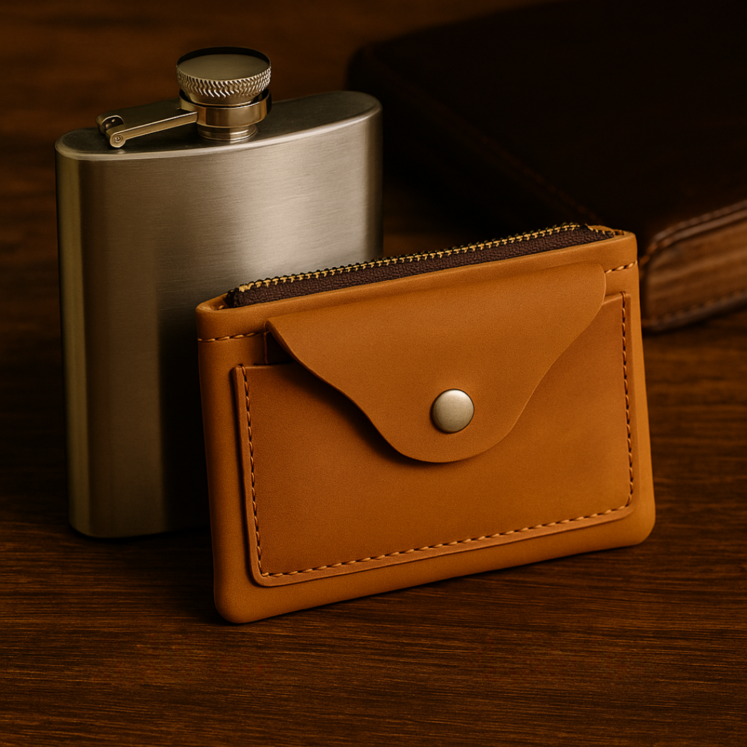 Tan leather zip wallet, genuine slim card holder, minimalist unisex leather wallet for everyday use
