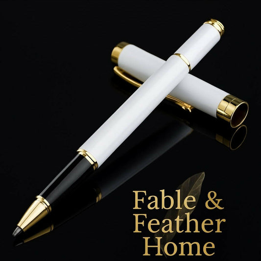 Luxury White & Gold Rollerball Pen with stainless steel body and smooth black ink, perfect executive writing gift.