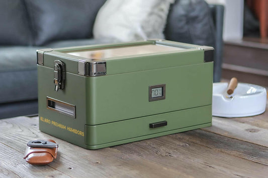 Military cigar humidor with 100 capacity, durable rugged tank style and glass-top cedar storage box for cigars