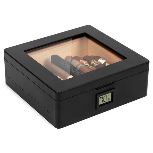 Matte black MAG Desktop Humidor with Spanish cedar inlay, digital hygrometer, and innovative Hydro Channel system