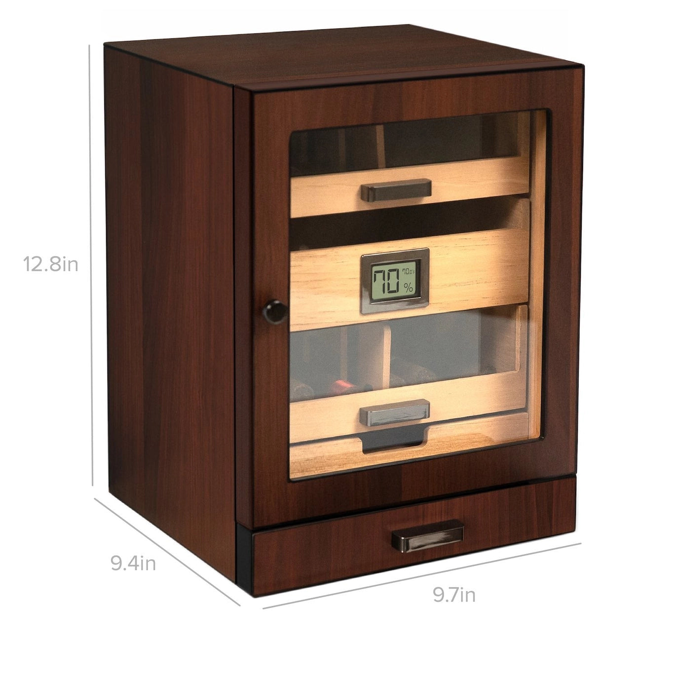 Luca Humidor Cabinet in brown walnut with three drawers, felt-lined accessory tray, and Hydro Tray humidity system