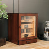 Luca Humidor Cabinet in brown walnut with three drawers, felt-lined accessory tray, and Hydro Tray humidity system