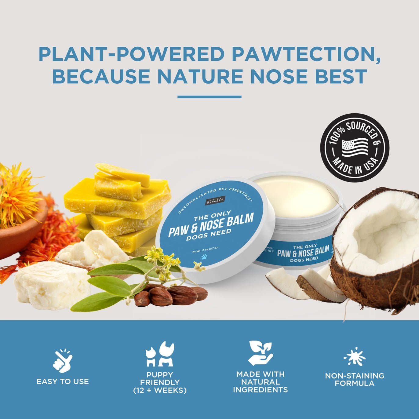 Paw balm and nose balm, safe non-toxic formula, fragrance-free, lick-safe to hydrate and soothe pets effectively