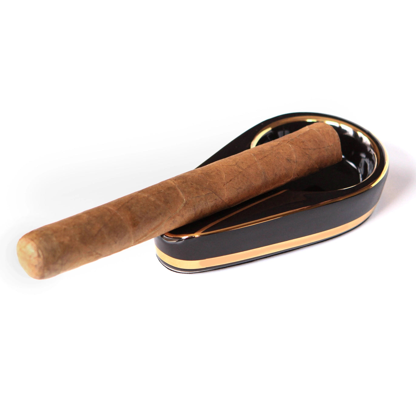 Black and gold ceramic cigar ashtray, single luxury ashtray for cigars by Fable & Feather