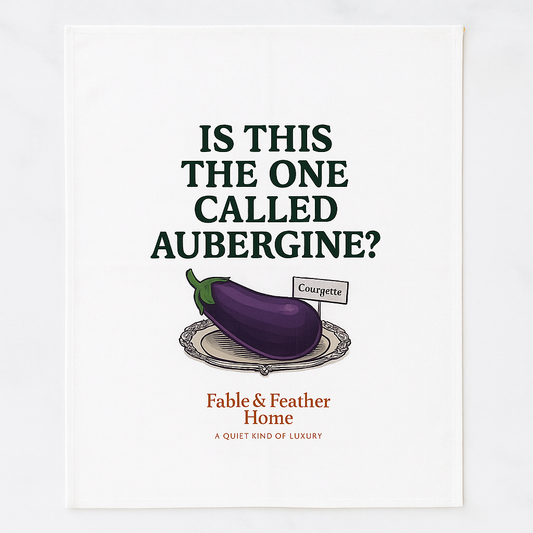 Is This the One Called Aubergine? – Tea Towel Layed out on the counter