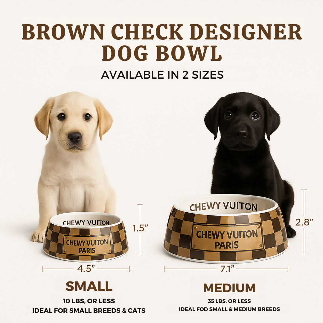 Two dogs beside brown check dog bowls – stylish pet accessories Canada