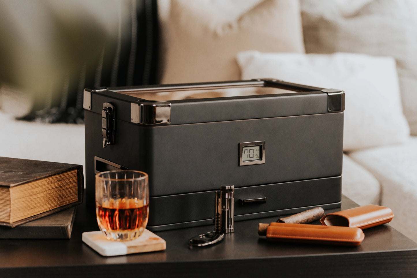 Luxury Military Humidor Cabinet featuring black ash, gold accents, PEG-organized drawers, and Hydro Tray humidity control.