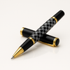Black and gold checkered rollerball pen with gold accents.
