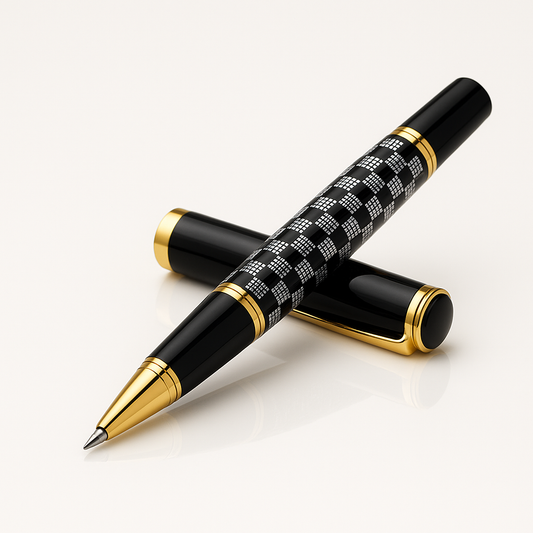 Black and gold checkered rollerball pen with gold accents.