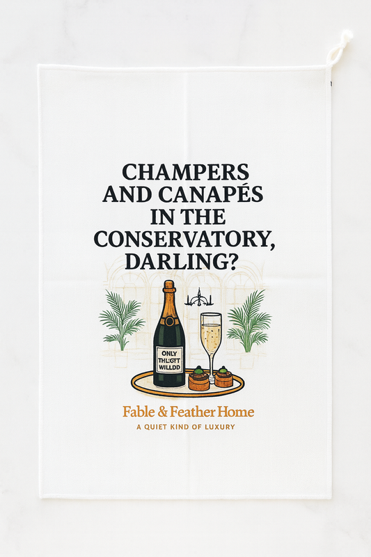 Champers and Canapés in the Conservatory, Darling – Tea Towel Layed Out On a Marble Counter