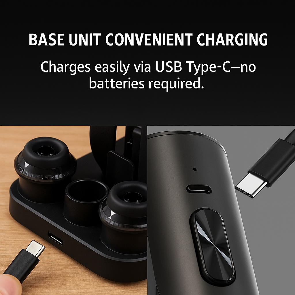 Electric wine opener charging on USB-C base with storage compartment.